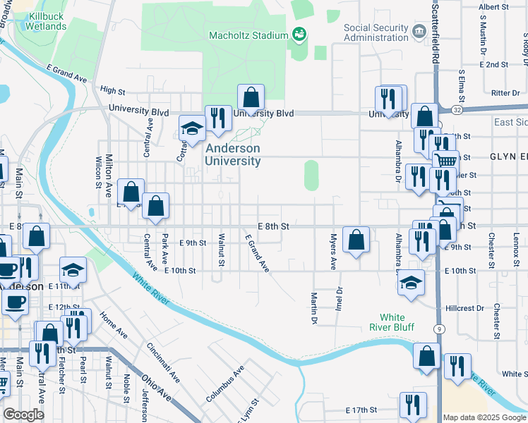 map of restaurants, bars, coffee shops, grocery stores, and more near 1303 East 7th Street in Anderson