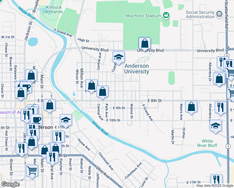 map of restaurants, bars, coffee shops, grocery stores, and more near 712 Cottage Avenue in Anderson