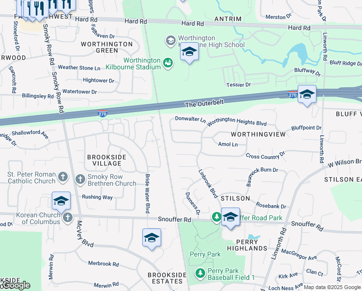 map of restaurants, bars, coffee shops, grocery stores, and more near 1393 Snowmass Road in Columbus