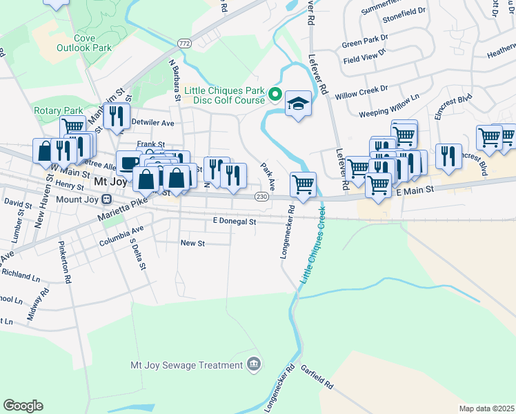 map of restaurants, bars, coffee shops, grocery stores, and more near 330 East Main Street in Mount Joy