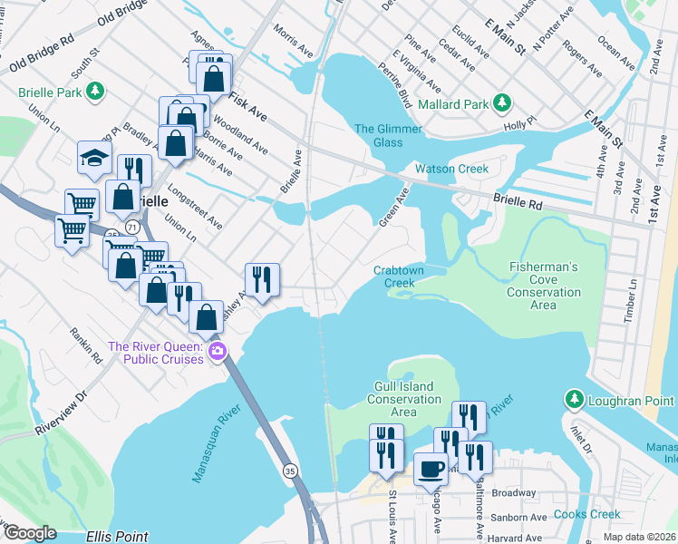 map of restaurants, bars, coffee shops, grocery stores, and more near 505 Green Avenue in Brielle
