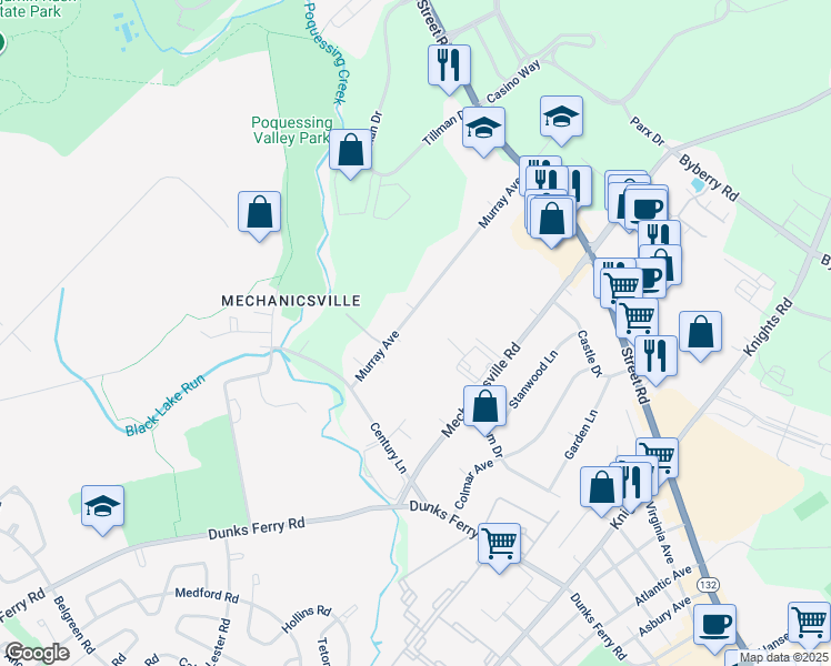 map of restaurants, bars, coffee shops, grocery stores, and more near 2723 Murray Avenue in Bucks County