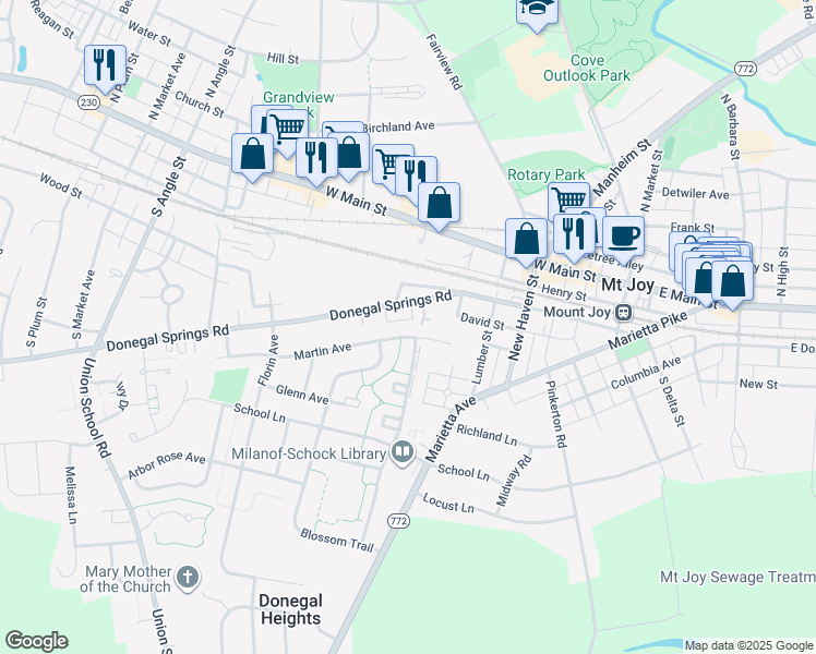 map of restaurants, bars, coffee shops, grocery stores, and more near 349 Martin Avenue in Mount Joy