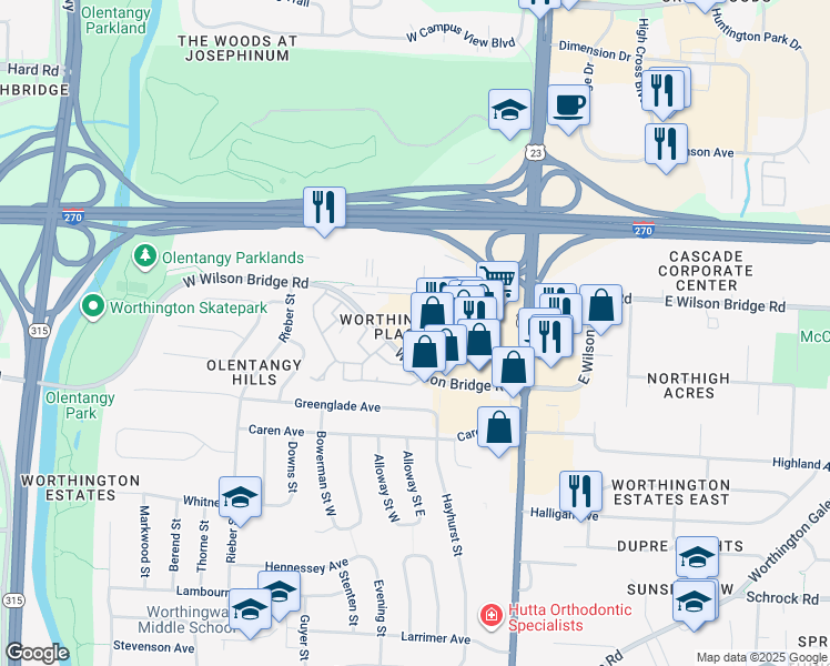 map of restaurants, bars, coffee shops, grocery stores, and more near 160 West Wilson Bridge Road in Worthington
