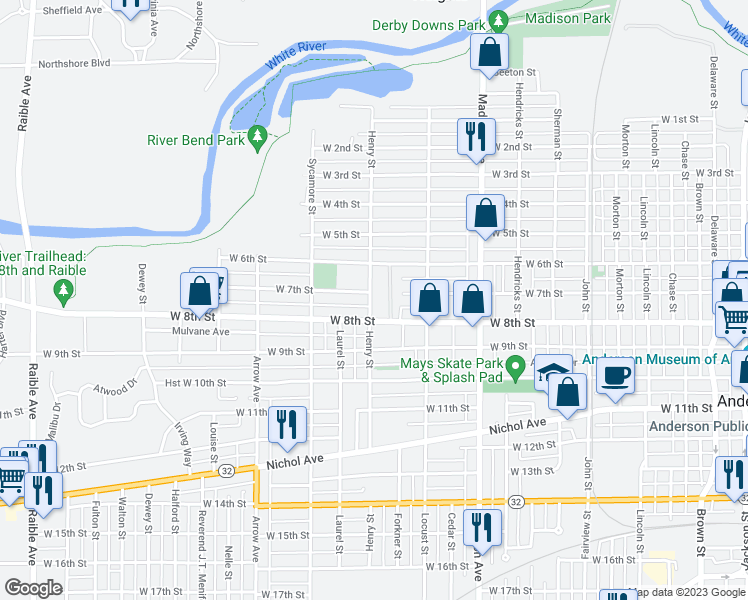 map of restaurants, bars, coffee shops, grocery stores, and more near 710 Henry Street in Anderson