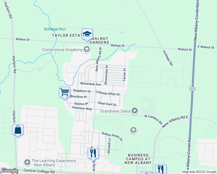 map of restaurants, bars, coffee shops, grocery stores, and more near 7183 Winterbek Avenue in New Albany