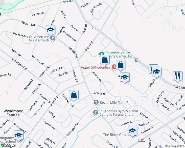 map of restaurants, bars, coffee shops, grocery stores, and more near 414 Kismet Road in Philadelphia