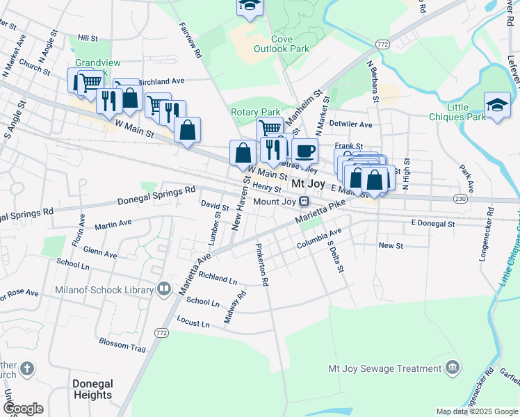 map of restaurants, bars, coffee shops, grocery stores, and more near 54 West Donegal Street in Mount Joy