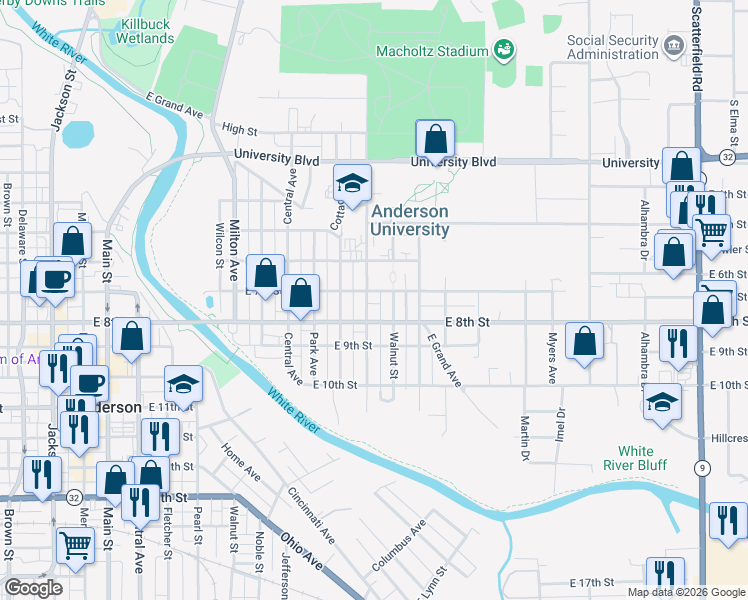 map of restaurants, bars, coffee shops, grocery stores, and more near 700 College Drive in Anderson