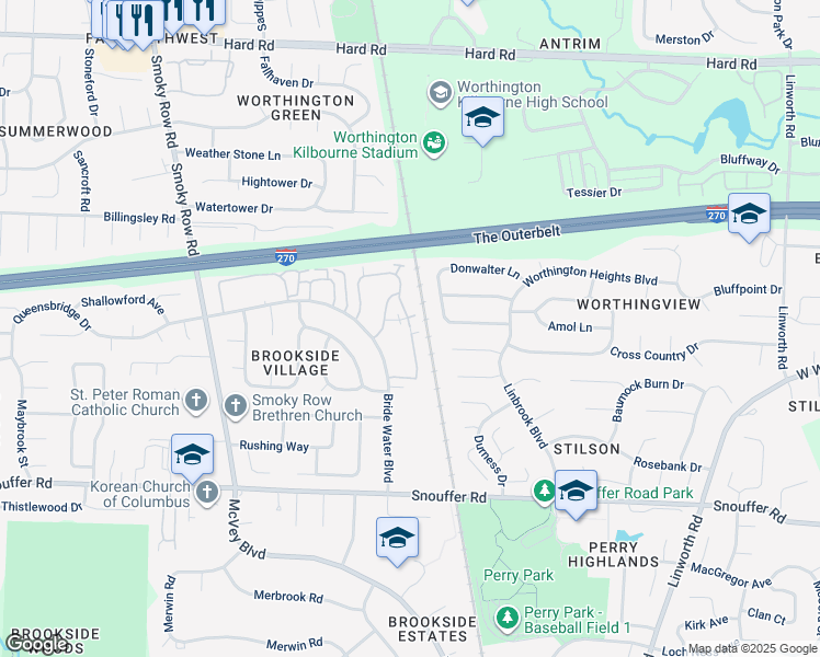 map of restaurants, bars, coffee shops, grocery stores, and more near 7379 Fall Creek Lane in Columbus
