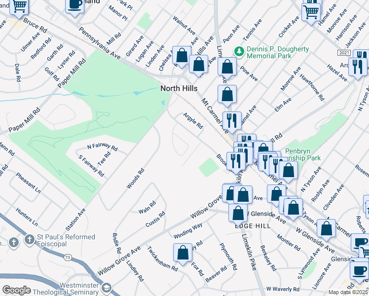 map of restaurants, bars, coffee shops, grocery stores, and more near 44 West Chelfield Road in Glenside