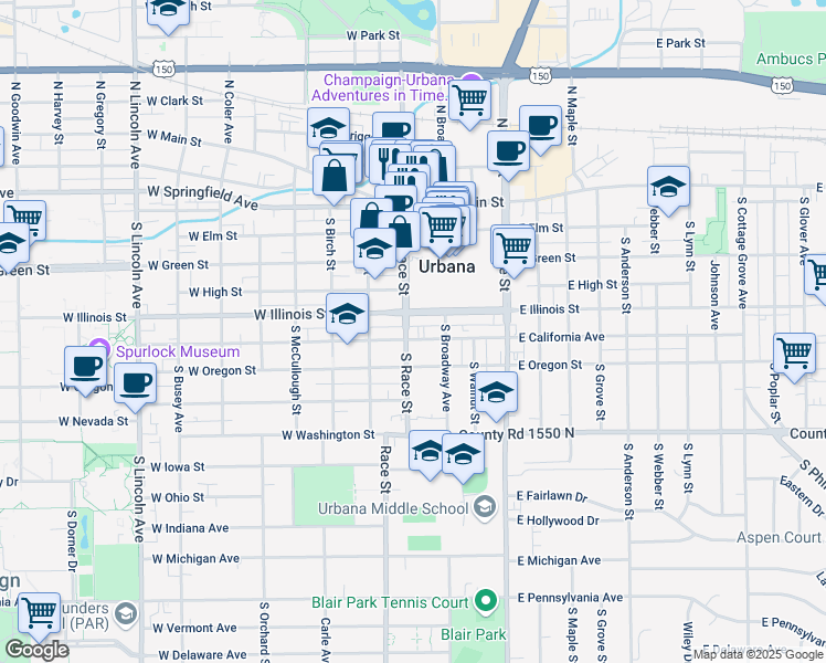 map of restaurants, bars, coffee shops, grocery stores, and more near 509 South Race Street in Urbana