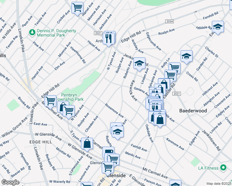 map of restaurants, bars, coffee shops, grocery stores, and more near 345 Cliveden Avenue in Glenside