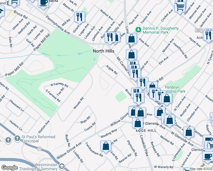 map of restaurants, bars, coffee shops, grocery stores, and more near 44 West Chelfield Road in Glenside