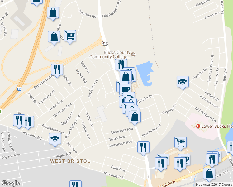 map of restaurants, bars, coffee shops, grocery stores, and more near 1300 Woodbine Avenue in Bristol