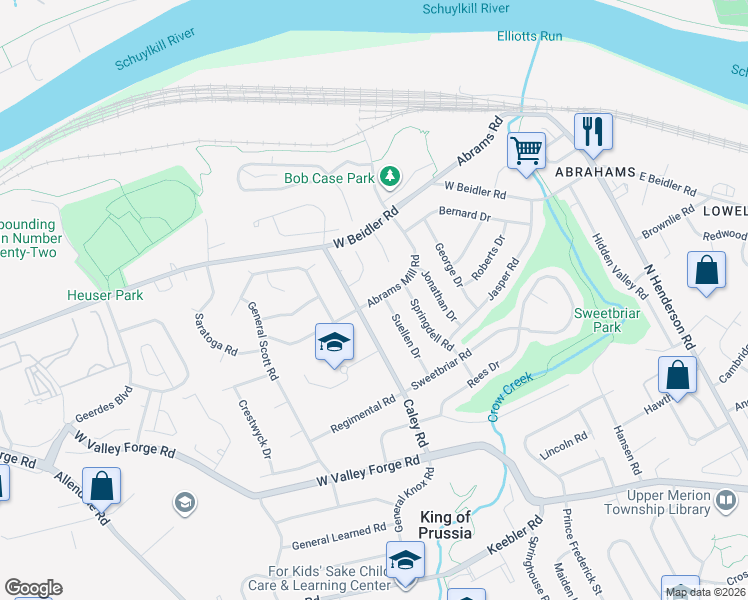 map of restaurants, bars, coffee shops, grocery stores, and more near 367 Abrams Mill Road in King of Prussia