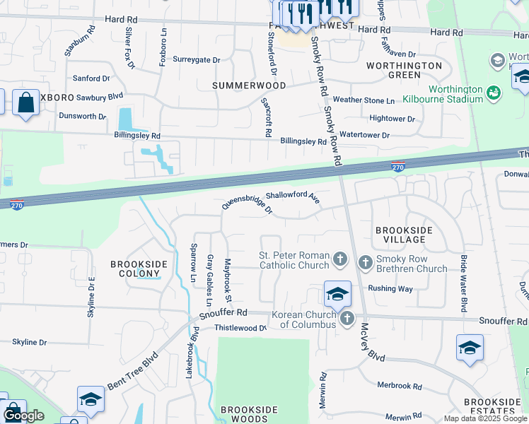 map of restaurants, bars, coffee shops, grocery stores, and more near 2009 Queensbridge Drive in Columbus