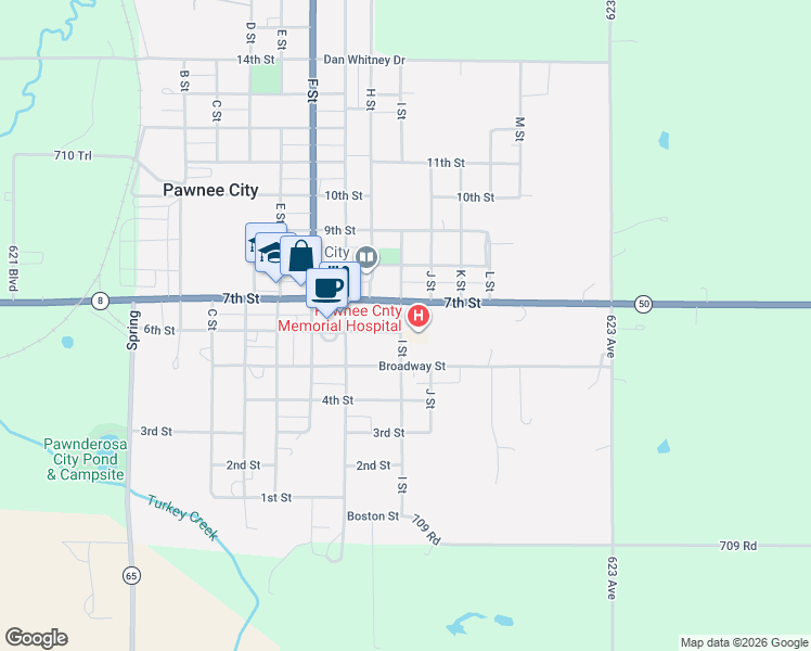 map of restaurants, bars, coffee shops, grocery stores, and more near 600 I Street in Pawnee City