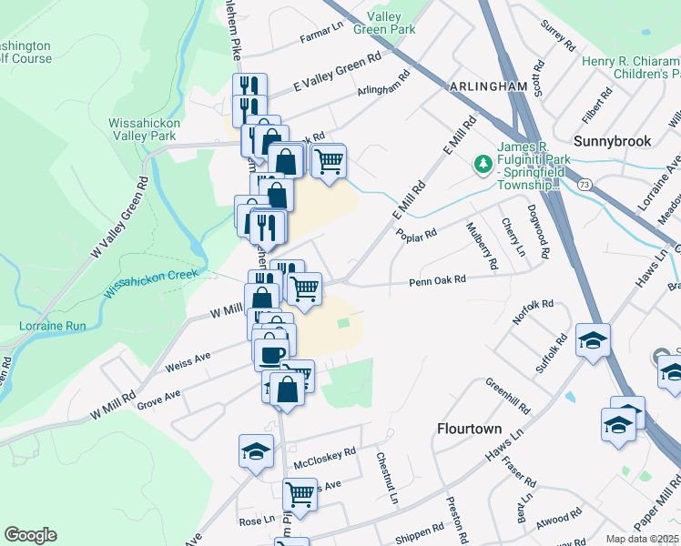 map of restaurants, bars, coffee shops, grocery stores, and more near 103 East Mill Road in Flourtown