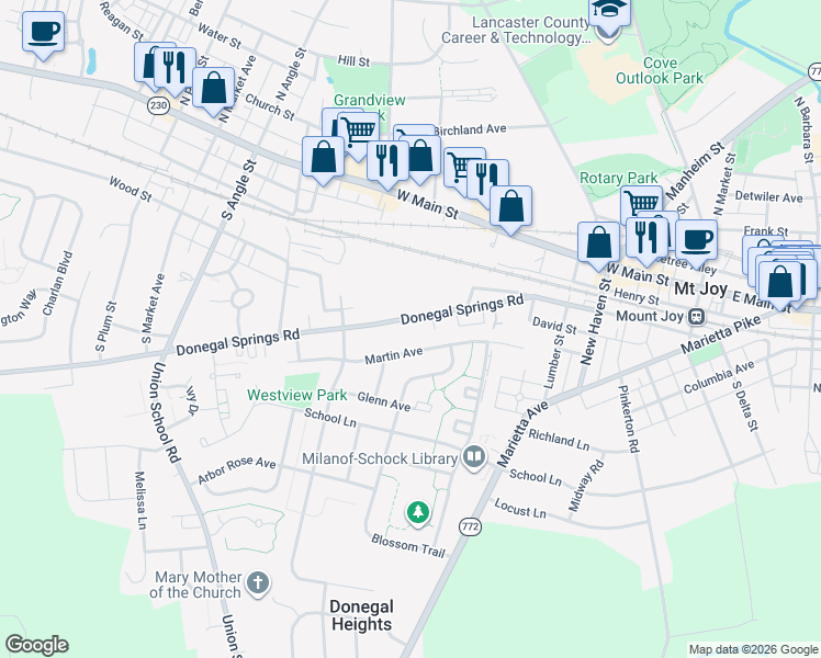 map of restaurants, bars, coffee shops, grocery stores, and more near 456 Donegal Springs Road in Mount Joy