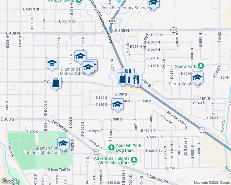 map of restaurants, bars, coffee shops, grocery stores, and more near 1159 East 100 South in Spanish Fork