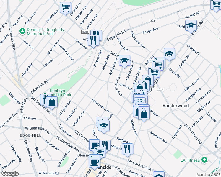 map of restaurants, bars, coffee shops, grocery stores, and more near 367 Roberts Avenue in Glenside
