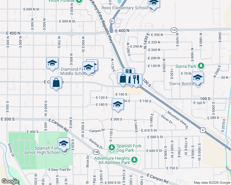 map of restaurants, bars, coffee shops, grocery stores, and more near 1159 East 100 South in Spanish Fork