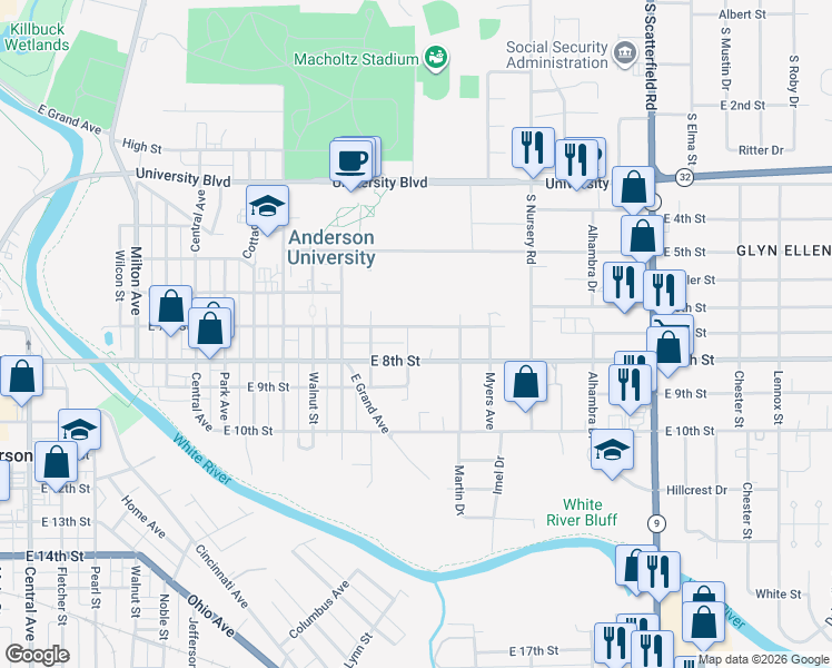 map of restaurants, bars, coffee shops, grocery stores, and more near 1401 E 7th St in Anderson