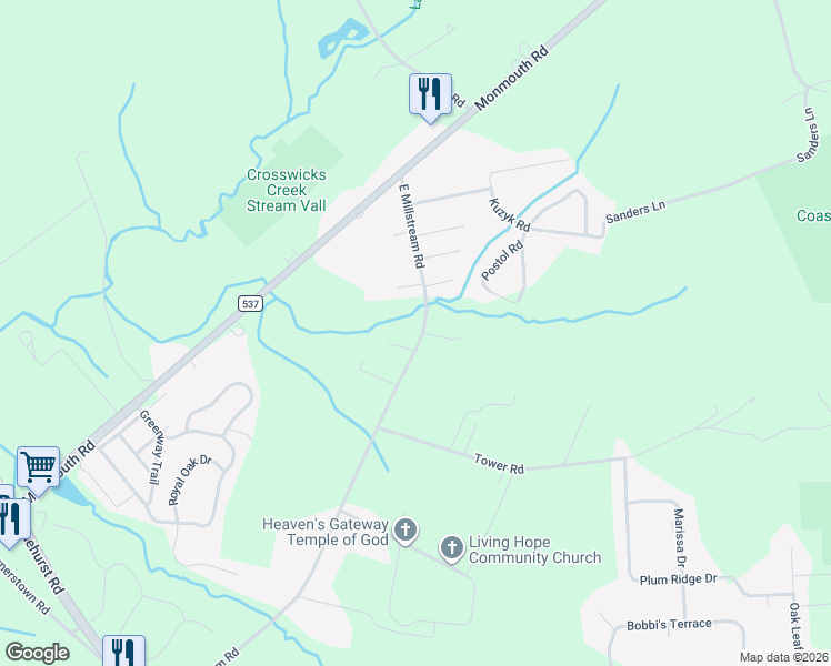 map of restaurants, bars, coffee shops, grocery stores, and more near 394 East Millstream Road in Plumsted