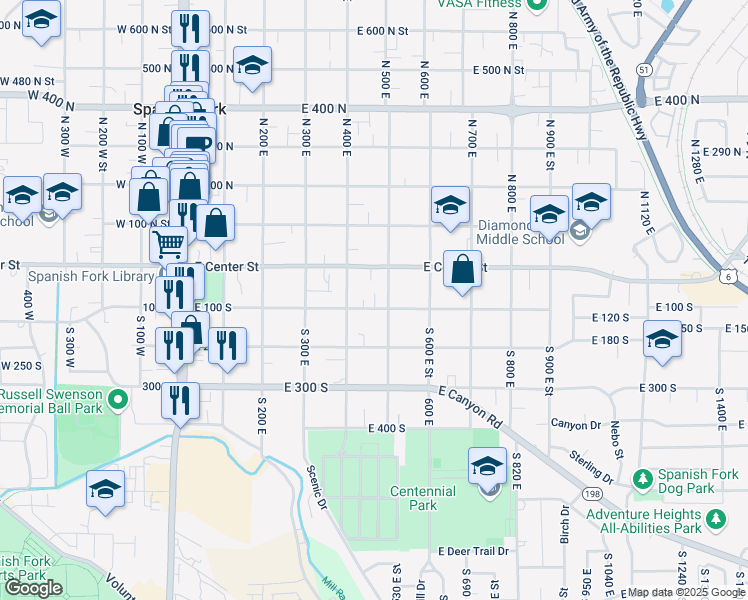 map of restaurants, bars, coffee shops, grocery stores, and more near 467 East 100 South in Spanish Fork