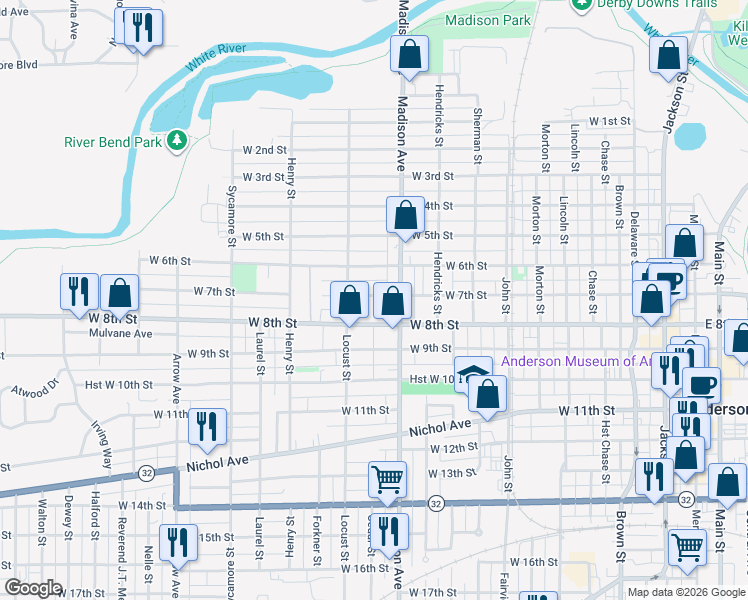 map of restaurants, bars, coffee shops, grocery stores, and more near 1023 West 7th Street in Anderson