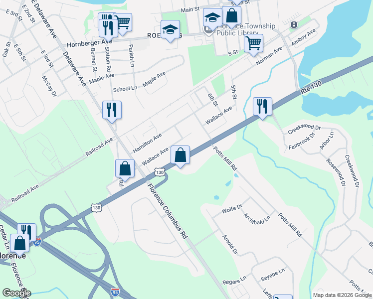 map of restaurants, bars, coffee shops, grocery stores, and more near 2109 U.S. 130 in Burlington