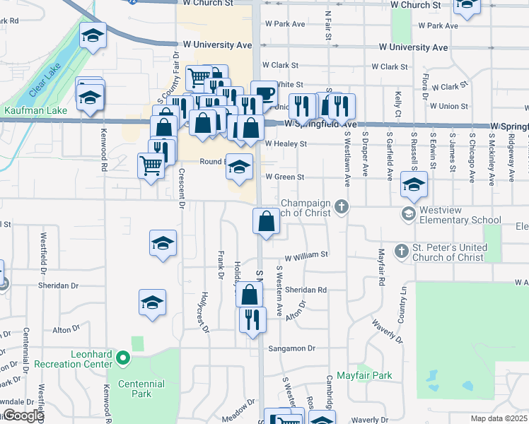 map of restaurants, bars, coffee shops, grocery stores, and more near 1713 West John Street in Champaign