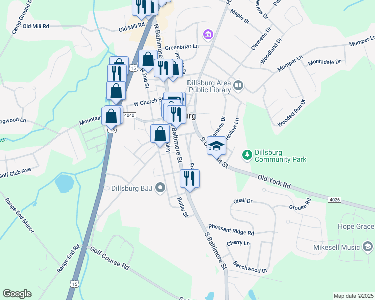 map of restaurants, bars, coffee shops, grocery stores, and more near 129 Franklin Street in Dillsburg