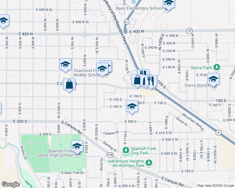 map of restaurants, bars, coffee shops, grocery stores, and more near 1122 East Center Street in Spanish Fork