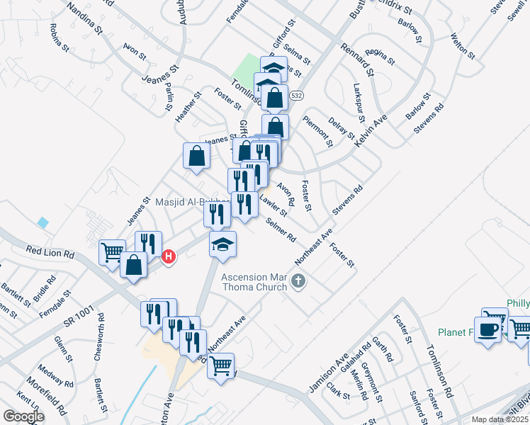 map of restaurants, bars, coffee shops, grocery stores, and more near 809 Selmer Road in Philadelphia