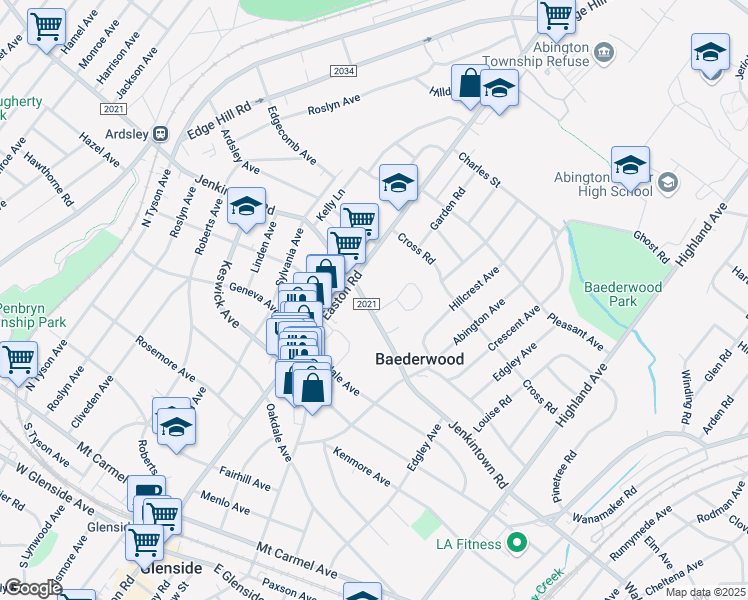 map of restaurants, bars, coffee shops, grocery stores, and more near 2271 Jenkintown Road in Glenside