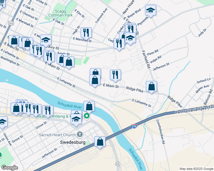 map of restaurants, bars, coffee shops, grocery stores, and more near 910 East Main Street in Norristown