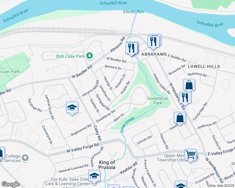 map of restaurants, bars, coffee shops, grocery stores, and more near 701 George Drive in King of Prussia