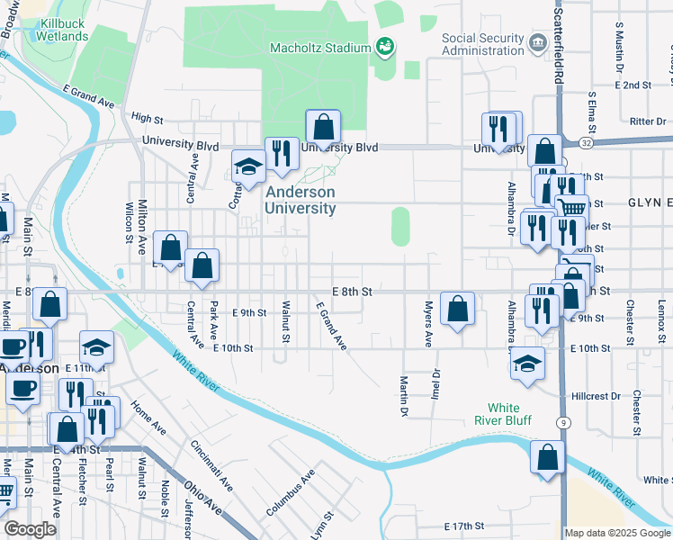 map of restaurants, bars, coffee shops, grocery stores, and more near 1303 East 7th Street in Anderson