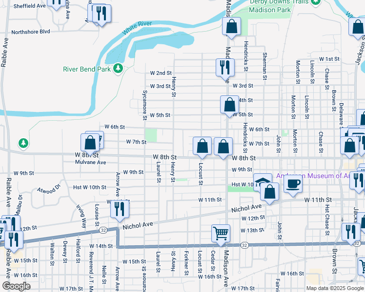 map of restaurants, bars, coffee shops, grocery stores, and more near 710 Henry Street in Anderson