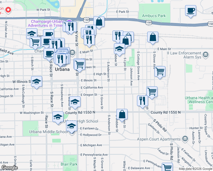 map of restaurants, bars, coffee shops, grocery stores, and more near 702 East California Avenue in Urbana