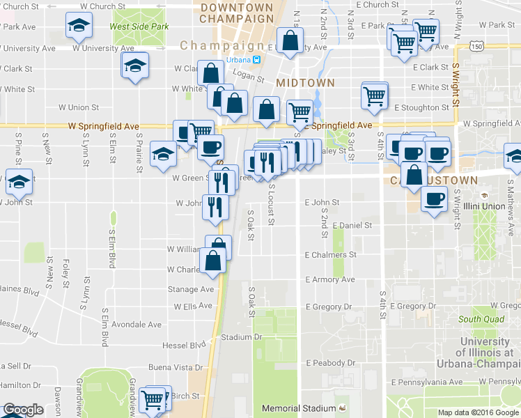 map of restaurants, bars, coffee shops, grocery stores, and more near 805 South Locust Street in Champaign