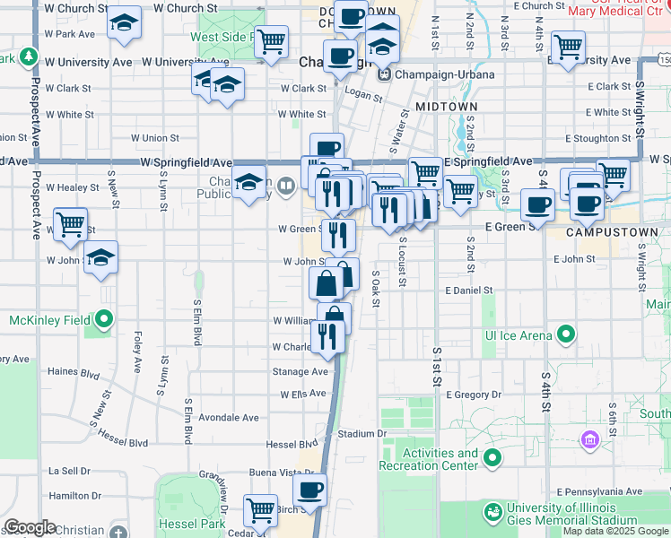 map of restaurants, bars, coffee shops, grocery stores, and more near 703 South Neil Street in Champaign