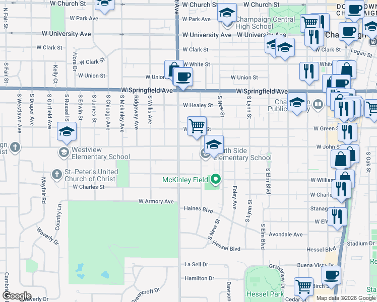 map of restaurants, bars, coffee shops, grocery stores, and more near 810 West Daniel Street in Champaign