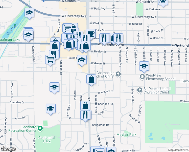 map of restaurants, bars, coffee shops, grocery stores, and more near 1706 Henry Street in Champaign