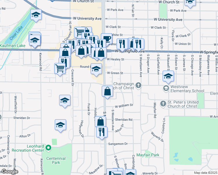map of restaurants, bars, coffee shops, grocery stores, and more near 1713 West John Street in Champaign