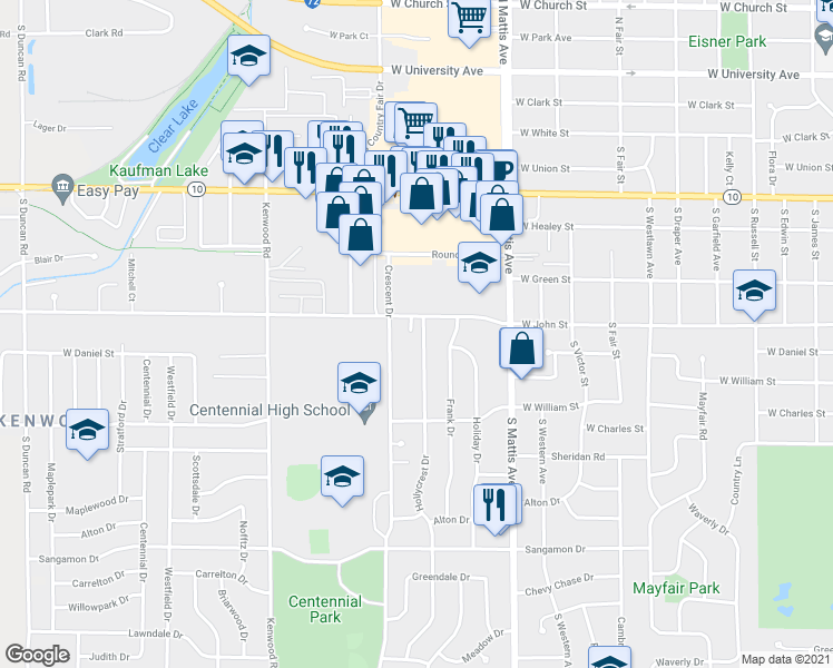 map of restaurants, bars, coffee shops, grocery stores, and more near 802 Crescent Drive in Champaign