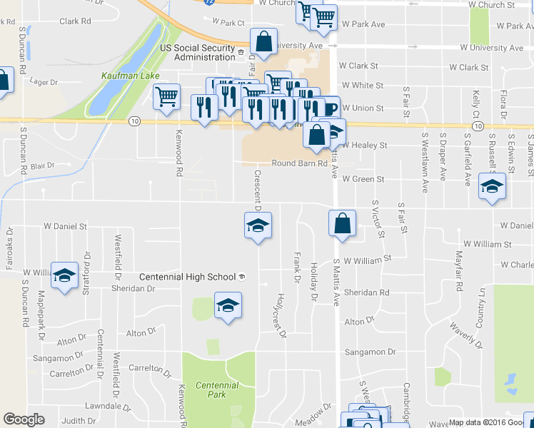 map of restaurants, bars, coffee shops, grocery stores, and more near 802 Crescent Drive in Champaign