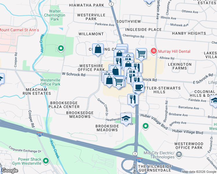 map of restaurants, bars, coffee shops, grocery stores, and more near 236 Westerville Plaza in Westerville